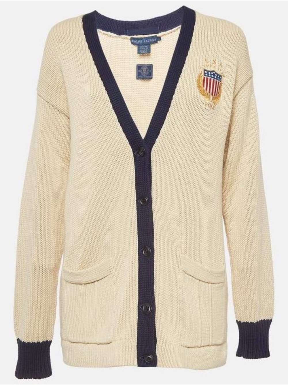 NWT RALPH LAUREN- Olympic Team Embroidered Knit Cardigan Cream Size M
